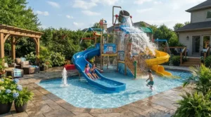 A tested large pool with slide for older kids shown fully inflated and ready for summer fun.