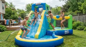 A robust large pool with slide for older kids demonstrating strong weight capacity during active play.
