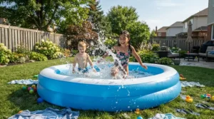 Kids splashing around in a large pool with slide for older kids on a warm sunny day.