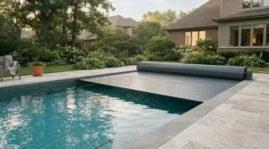 Automatic safety cover retracting from a clean swim current pool on a spring morning