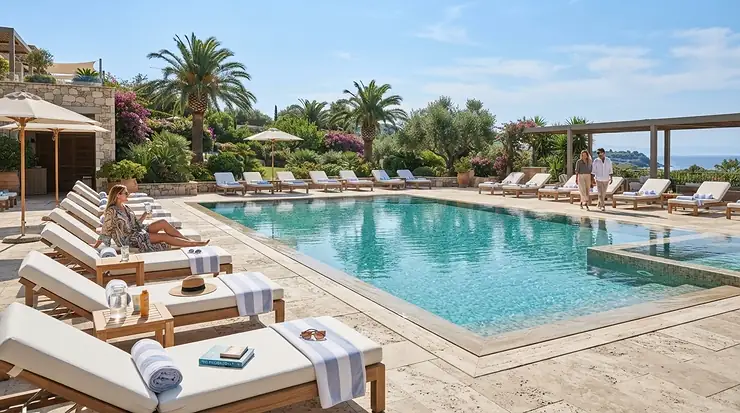 A high-end swim current pool surrounded by natural sandstone paving and loungers, swim current pools