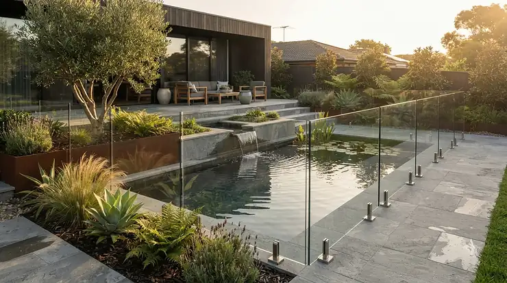 A compact plunge pool featuring glass balustrades in a contemporary suburban Manchester garden