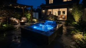 A minimalist compact plunge pool illuminated by sophisticated underwater LED spotlights at night