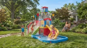 A children's paddling pool with slide set up in a lush green British back garden on a sunny summer afternoon.