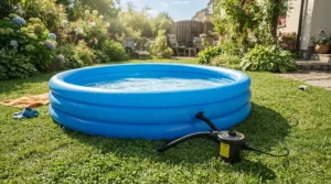 A complete pool and pump bundle set up on a neat green lawn ready for summer fun