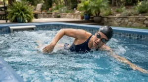 Endurance training using a tethered resistance system in a backyard lap pool