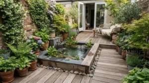 A compact plunge pool fitted neatly into a modern London courtyard garden with decking