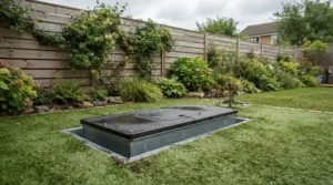 A compact plunge pool installed alongside artificial grass in a small suburban family garden