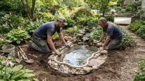 Professional installation of a swim current pool in a landscaped British back garden