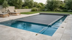 A secure automatic safety cover fitted over a domestic swim current pool