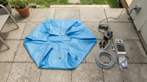 All components included in a great value pool and pump bundle laid out on grass
