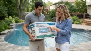 A family checking pump-to-pool-size compatibility for their garden setup