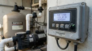 Close-up of a cartridge filter pump featuring a built-in digital timer panel