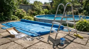 A complete pool cover and ladder set unpacked and ready for family garden use