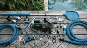 All components and hoses laid out neatly from a standard pool pump bundle