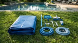 An all-in-one family pool complete set with accessories laid out neatly before inflation.