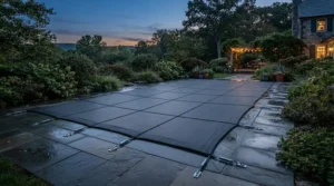 A family pool complete set with accessories protected by a fitted debris cover overnight.