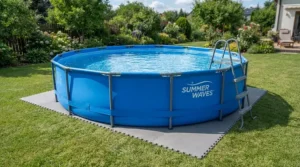A robust family pool complete set with accessories installed on a protective ground mat.