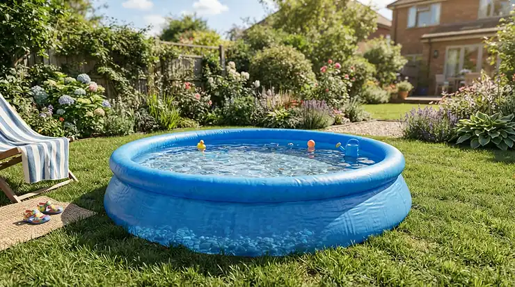 A family pool complete set with accessories assembled on a lush green lawn in a suburban garden.
