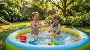 Children enjoying a family pool complete set with accessories during a warm sunny afternoon.
