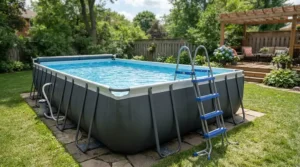 A family pool complete set with accessories featuring a safety ladder positioned beside the wall.