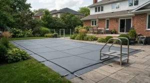 A family garden featuring a neatly fitted pool cover and ladder set for safe swimming