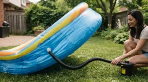 Demonstrating the rapid inflation speed of a modern pool pump bundle in a suburban garden