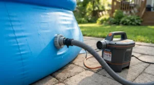 Inflatable pool and pump bundles featuring a built-in air inflation system