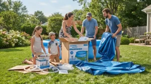 Family setting up pool and pump bundles in a sunny back garden
