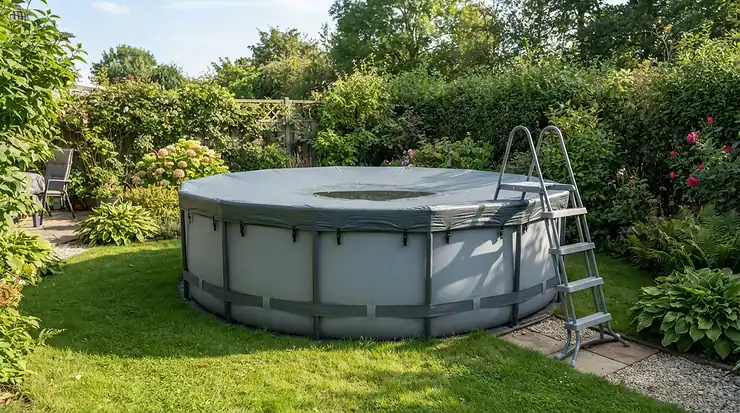 A secure pool cover and ladder set installed on a domestic swimming pool in a British back garden