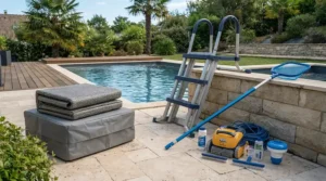 Essential pool cover and ladder set equipment laid out on a patio for garden setup