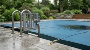A pool cover and ladder set featuring secure child safety design for family gardens