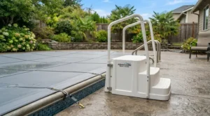 A pool cover and ladder set highlighting the safety steps to prevent unauthorised entry