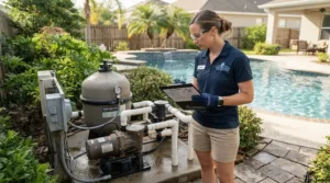 An expert reviewing pool cover and ladder sets features in a suburban back garden setting