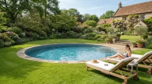An above ground pool cover and ladder sets installed in a family back garden on a sunny afternoon