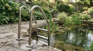 A secure pool cover and ladder sets displaying robust ladder stability on wooden decking