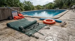 A complete package showing pool cover and ladder sets arranged neatly on patio paving