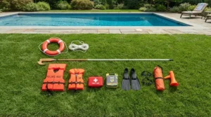 A side-by-side comparison layout featuring pool cover and ladder sets for garden use