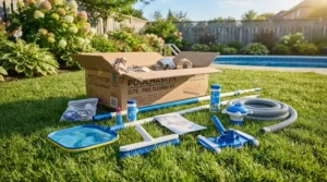 A complete pool pump bundle unpacked on a lawn ready for summer garden setup in the UK