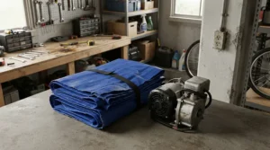 Portable pool and pump bundles packed down for easy seasonal storage