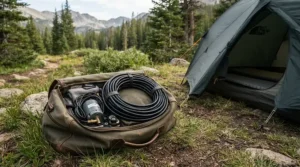 A compact pool pump bundle packed neatly for a British summer holiday camping trip