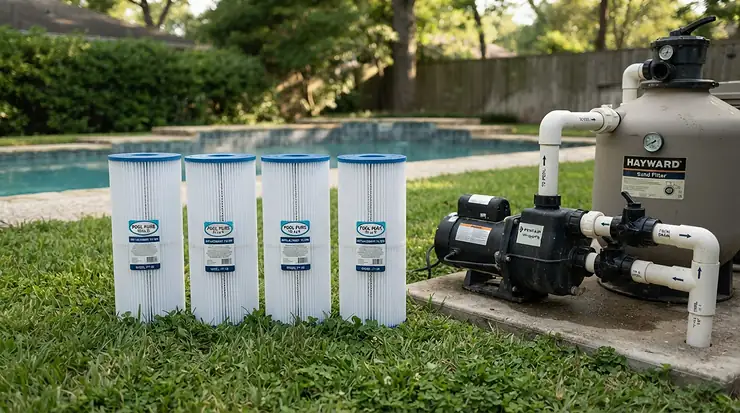 Spare pleated paper elements laid out next to a standard cartridge filter pump
