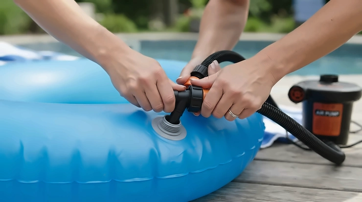 Testing a pool pump bundle during an electric air pump review in a British back garden